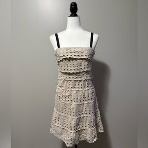 Adolfo Dominguez Linen Eyelet Lace Ruffle Tiered Mini Dress